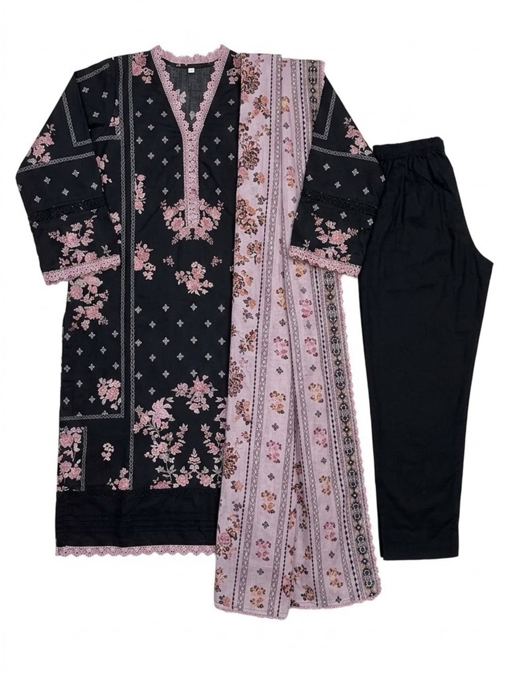 Elegant Black & Pink Floral Women’s Desi Dress 3pcs lawn